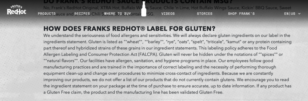 Screenshot from https://www.franksredhot.com/en-us/faq